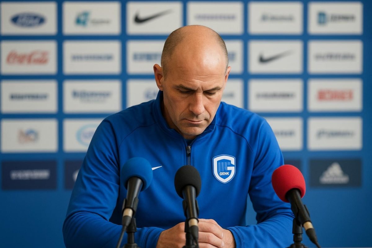 Nicky Hayen tijdens een persmoment van KRC Genk in aanloop naar de Europese verplaatsing naar Freiburg.