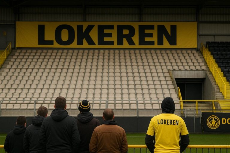Lege of halflege tribune in het stadion van Lokeren bij een thuiswedstrijd, als symbool voor een aangekondigde supportersboycot.
