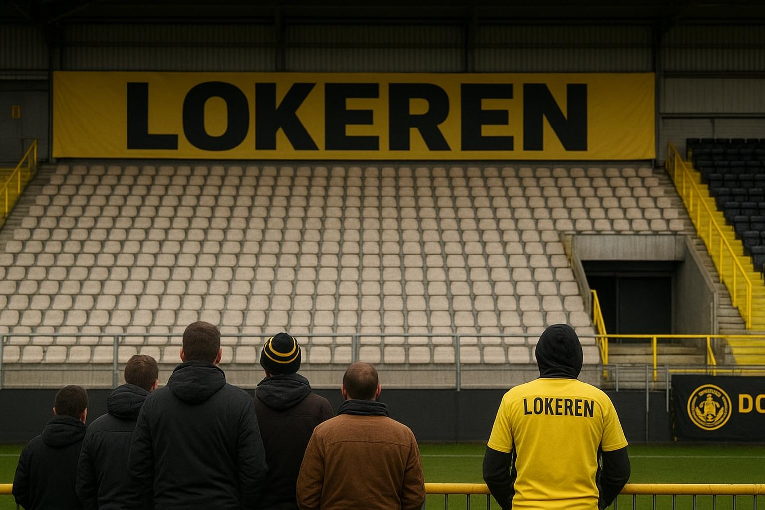 Lege of halflege tribune in het stadion van Lokeren bij een thuiswedstrijd, als symbool voor een aangekondigde supportersboycot.