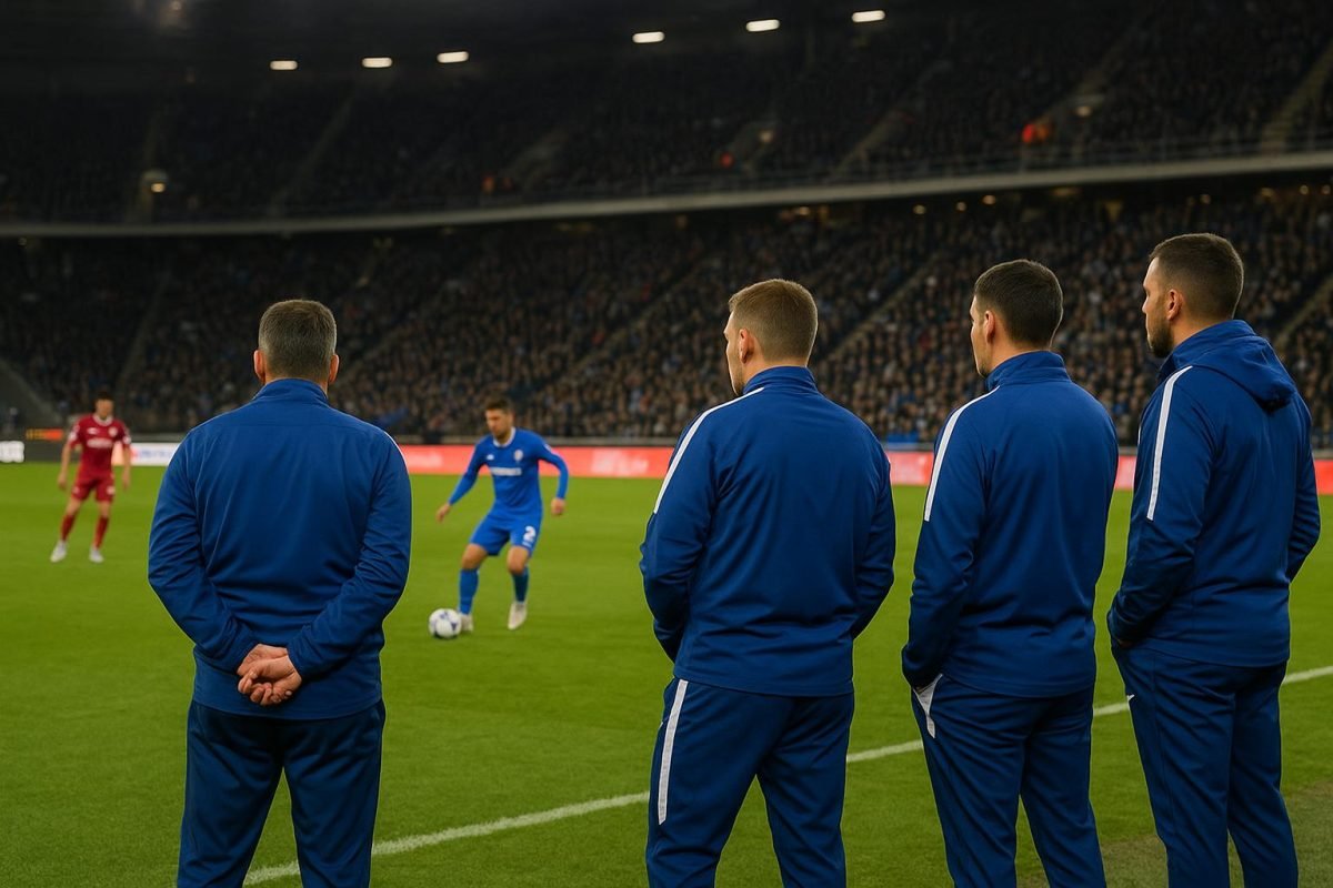 KRC Genk-spelers tijdens de opwarming in een Europees uitduel, met het stadion op de achtergrond.