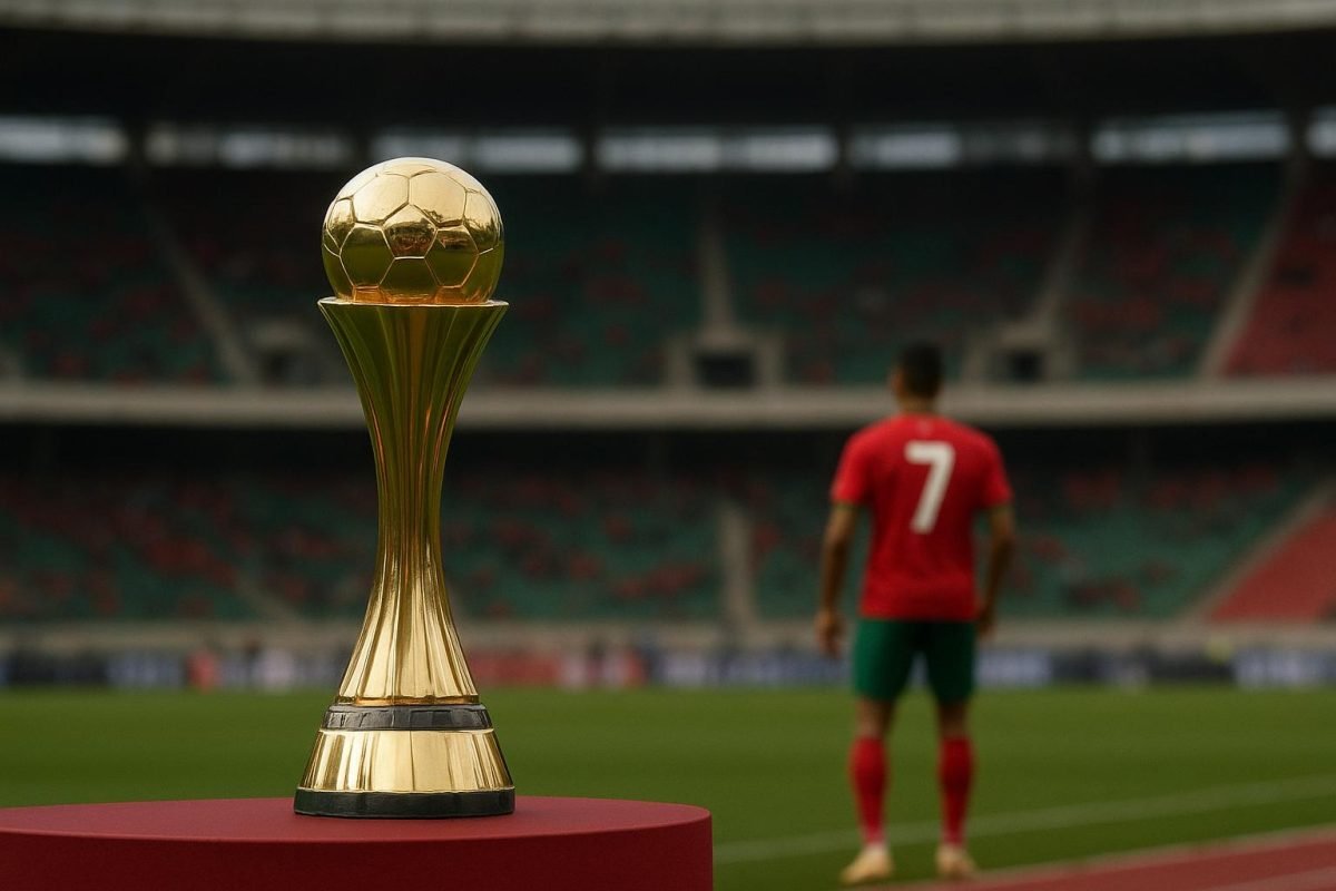 Sfeervolle foto rond de Afrika Cup met Marokkaanse kleuren in een stadionomgeving