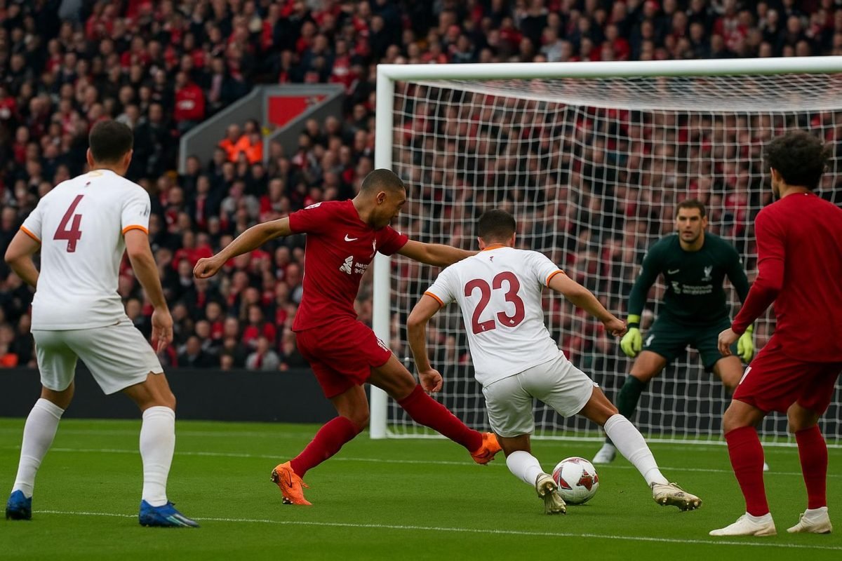 Spelmoment op Anfield tijdens Liverpool tegen Galatasaray in de Champions League