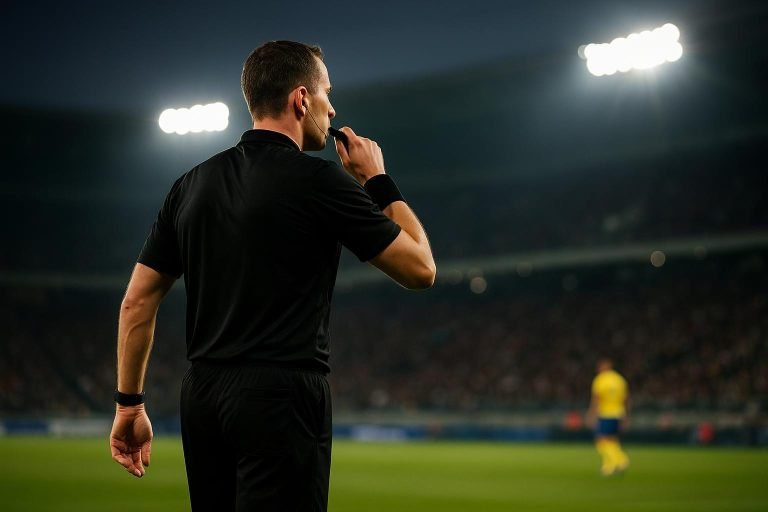 Scheidsrechter Lawrence Visser in stadioncontext tijdens een wedstrijdmoment