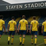 Spelers van STVV vieren een moment in het stadion van Stayen