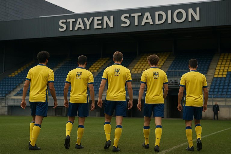 Spelers van STVV vieren een moment in het stadion van Stayen