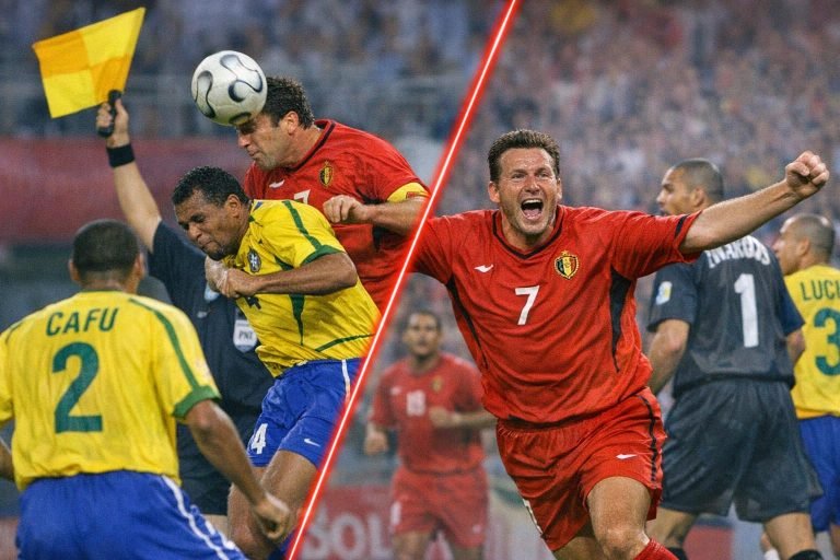 Marc Wilmots in duel tijdens België-Brazilië op het WK 2002