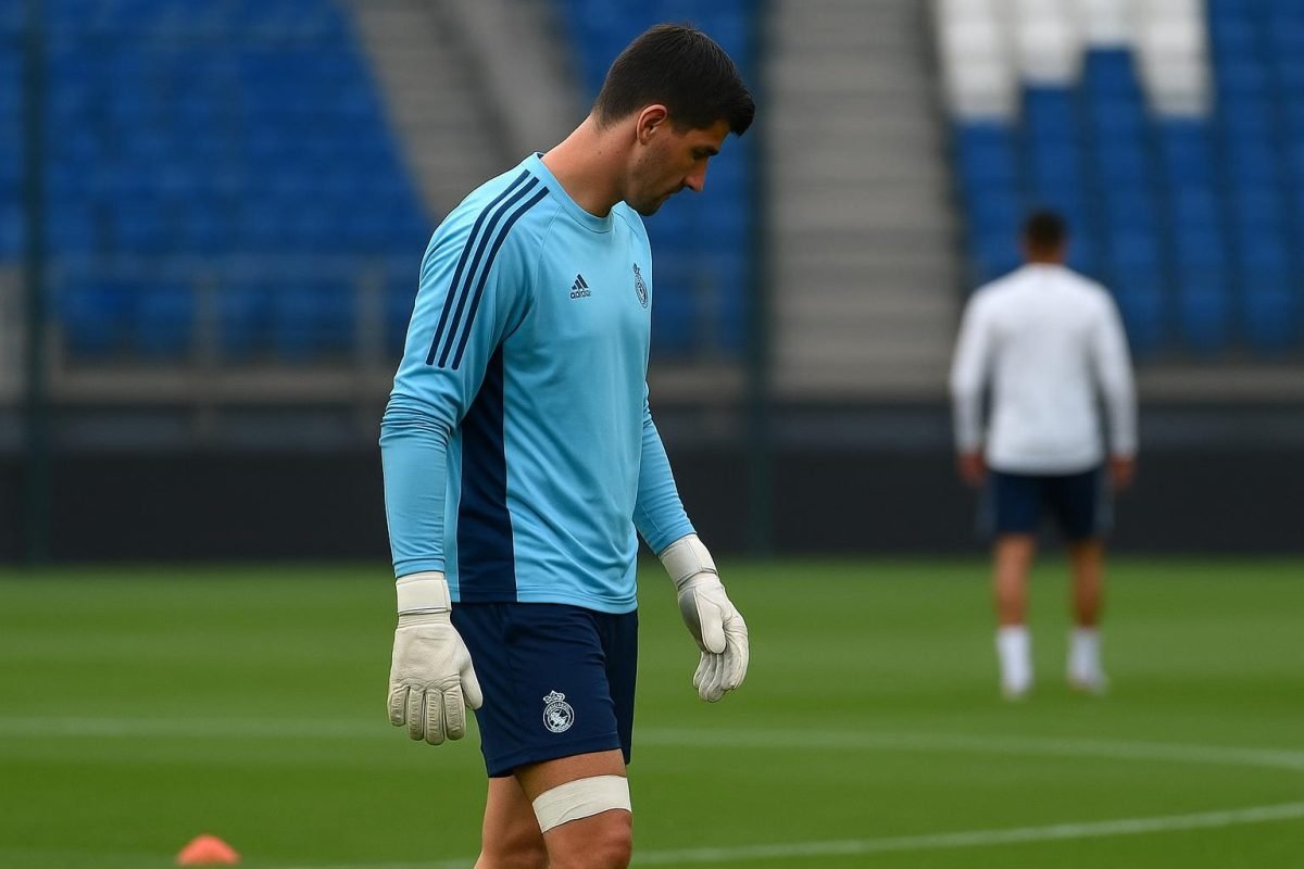 Thibaut Courtois van Real Madrid tijdens een trainingsmoment, in aanloop naar wedstrijden na zijn blessure