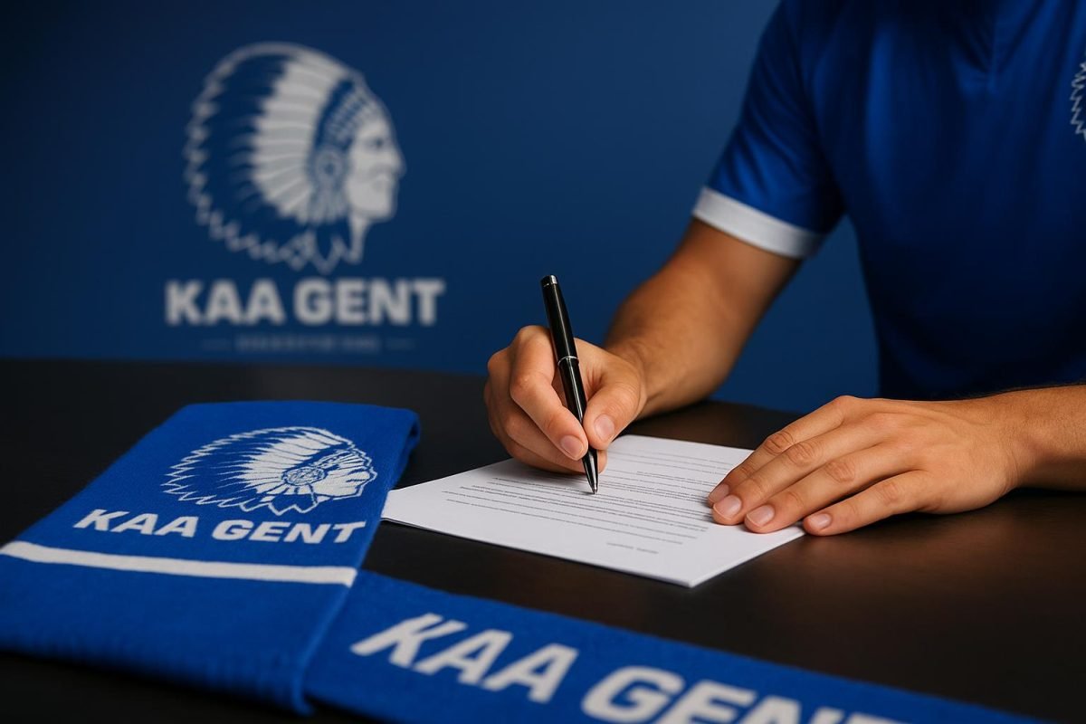 Een contractondertekening in de Planet Group Arena met het logo van KAA Gent op de achtergrond