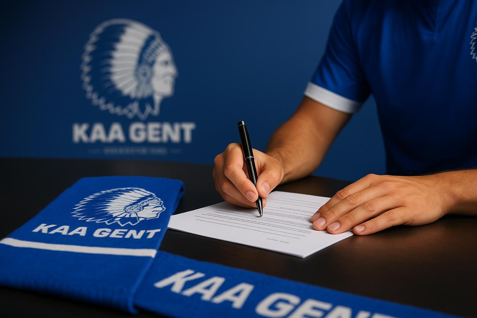 Een contractondertekening in de Planet Group Arena met het logo van KAA Gent op de achtergrond