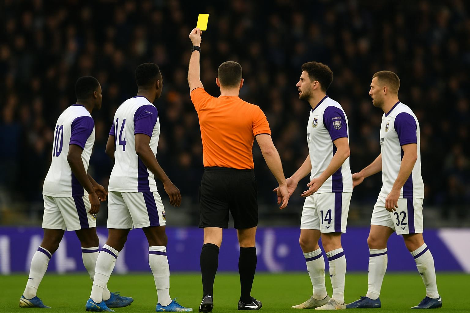 Spelers van RSC Anderlecht bespreken een beslissing van de scheidsrechter tijdens een competitiewedstrijd.