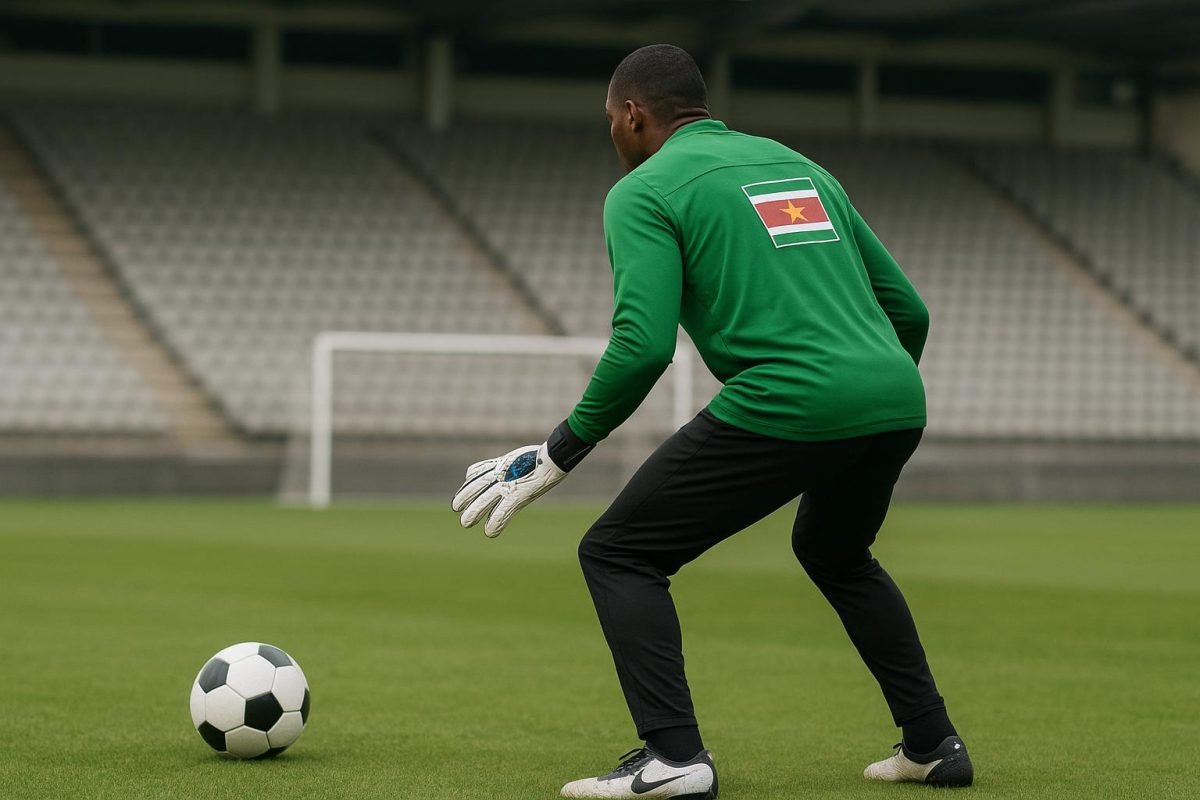 Doelman in trainingsoutfit op een veld, gelinkt aan Houtvenne en de Surinaamse selectie