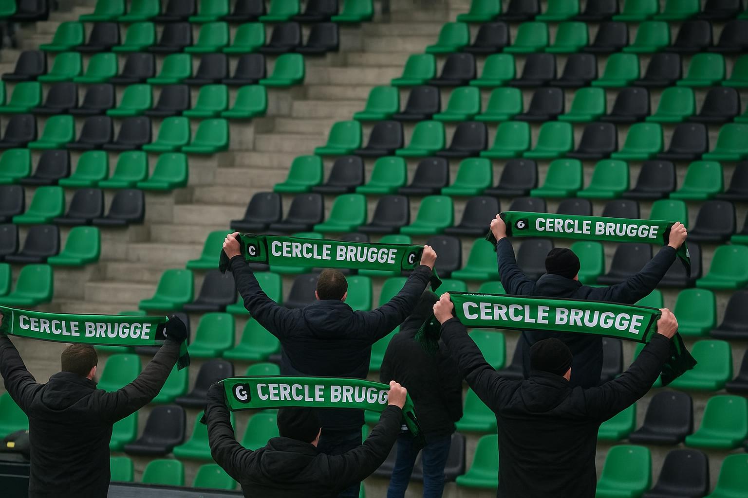 Stadionsfeer rond Cercle Brugge in groen-zwarte kleuren zonder herkenbare gezichten