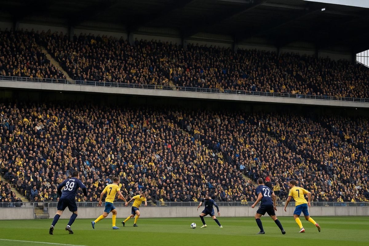 Sfeerbeeld van volle tribunes in Stayen bij STVV in aanloop naar de match tegen Union