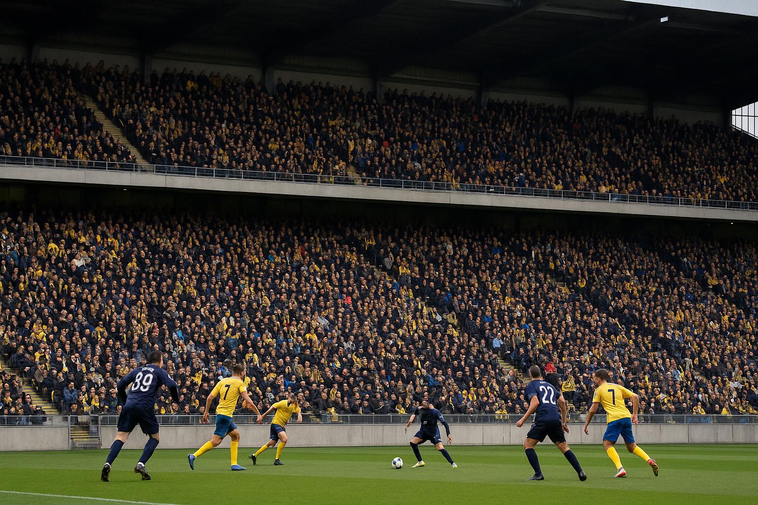 Sfeerbeeld van volle tribunes in Stayen bij STVV in aanloop naar de match tegen Union