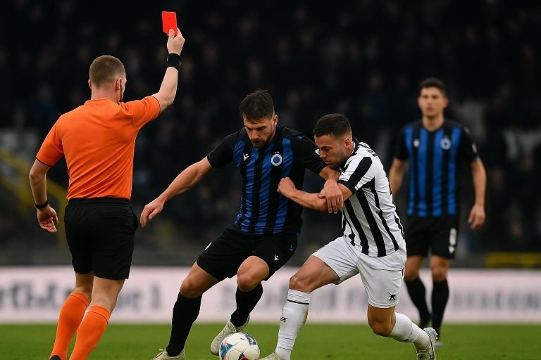 Spelmoment in Sporting Charleroi-Club Brugge na een zware tackle en rode kaart