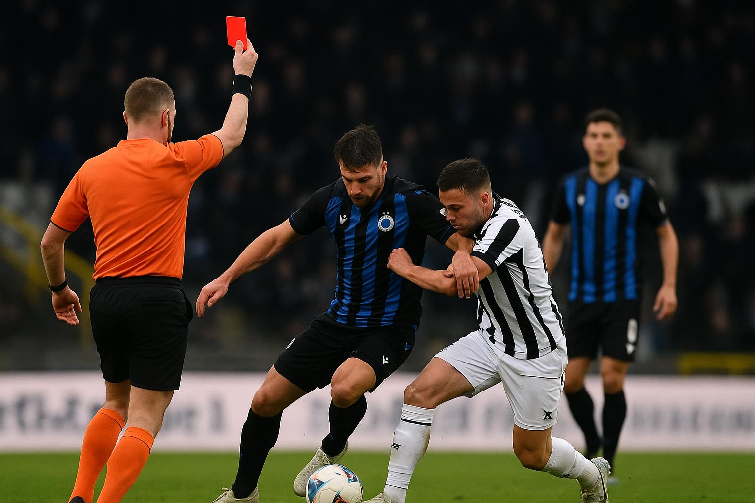 Spelmoment in Sporting Charleroi-Club Brugge na een zware tackle en rode kaart