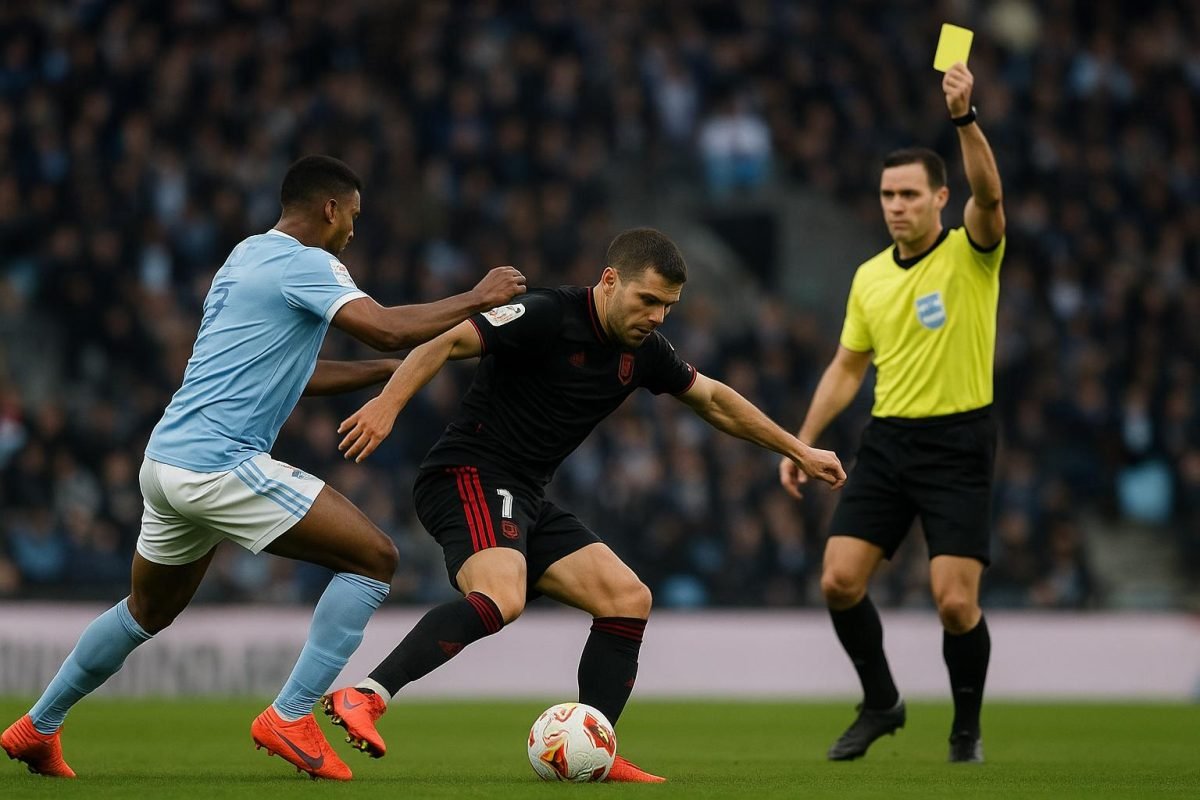 Spelers van Celta de Vigo vieren een doelpunt tegen Olympique Lyon in de Europa League.
