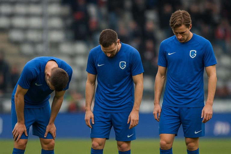 Teleurgestelde spelers van KRC Genk na de nederlaag tegen SC Freiburg in de Europa League