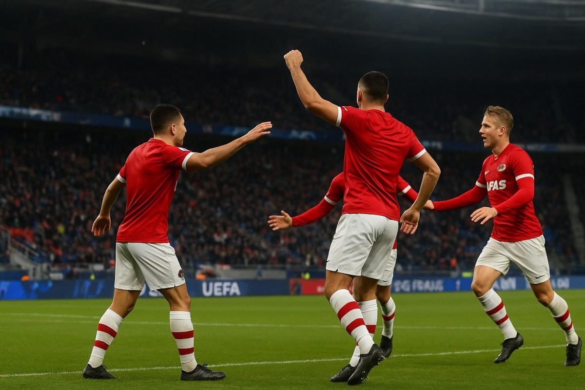 AZ-spelers vieren een doelpunt in Praag tegen Sparta Praag in de Conference League