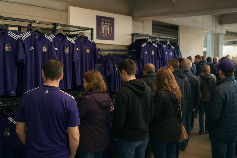 Supporters van RSC Anderlecht in de fanshop met uitgestalde shirts tijdens een open moment