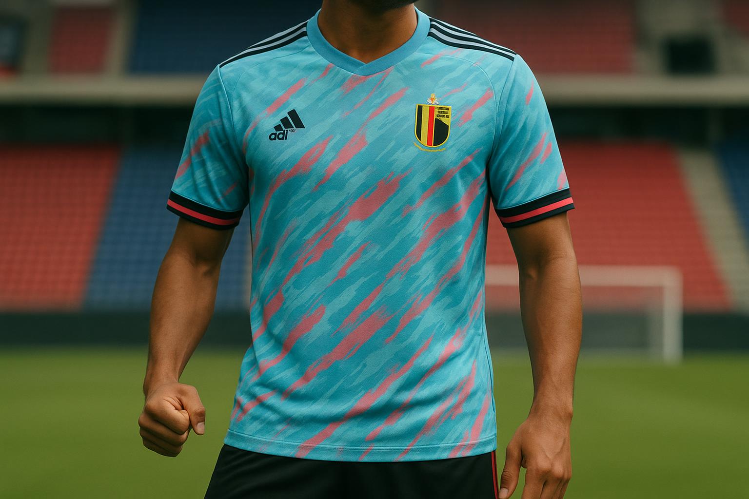 Het nieuwe lichtblauwe uitshirt van de Rode Duivels met roze en zwarte accenten