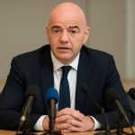 Gianni Infantino tijdens een FIFA-overlegmoment in perscontext