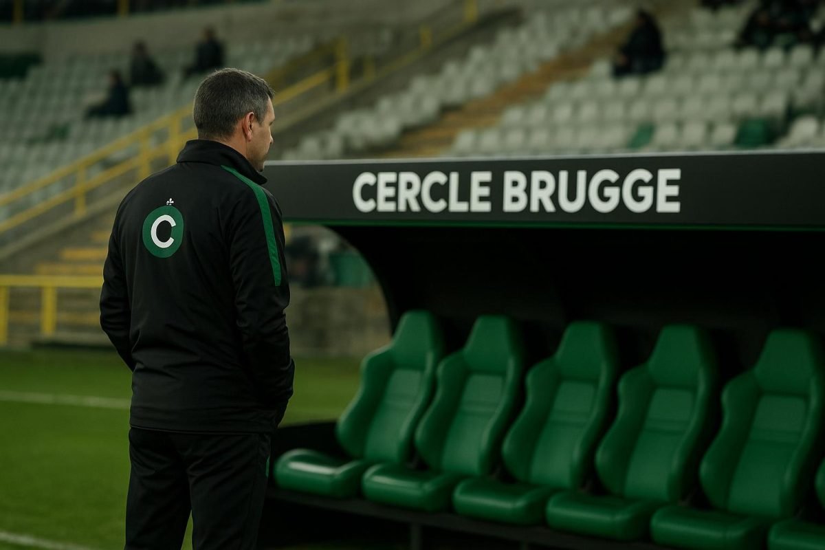 Sfeershot rond Cercle Brugge na het ontslag van Onur Cinel, met staf en spelers op de achtergrond