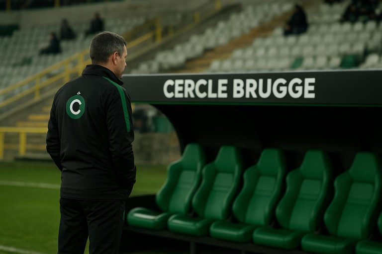 Sfeershot rond Cercle Brugge na het ontslag van Onur Cinel, met staf en spelers op de achtergrond