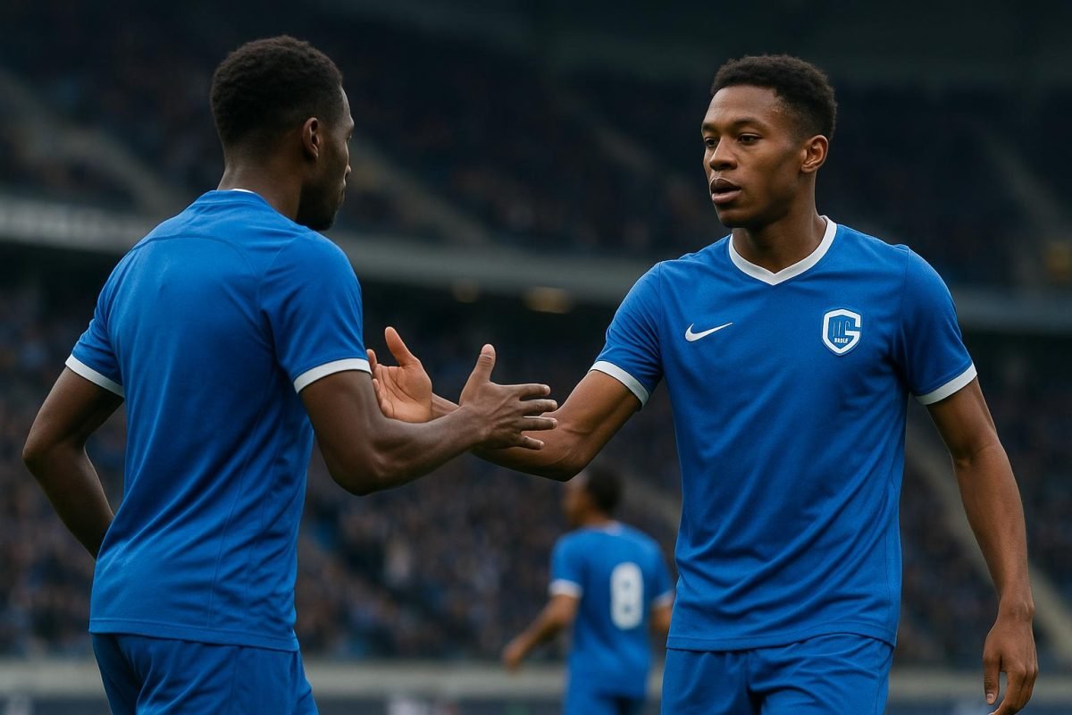 Spelers van KRC Genk vieren samen op het veld na een doelpunt