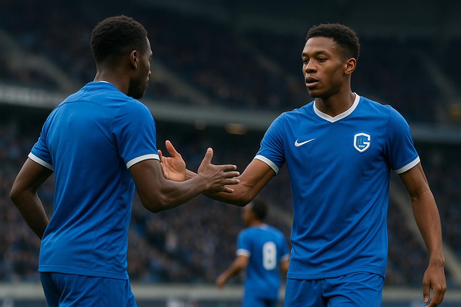 Spelers van KRC Genk vieren samen op het veld na een doelpunt
