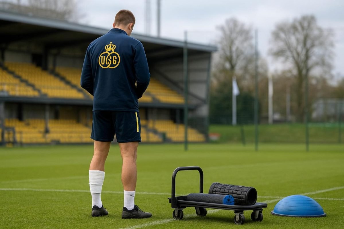 Sfeerbeeld van Union Saint-Gilloise op training, met focus op revalidatie en medische omkadering