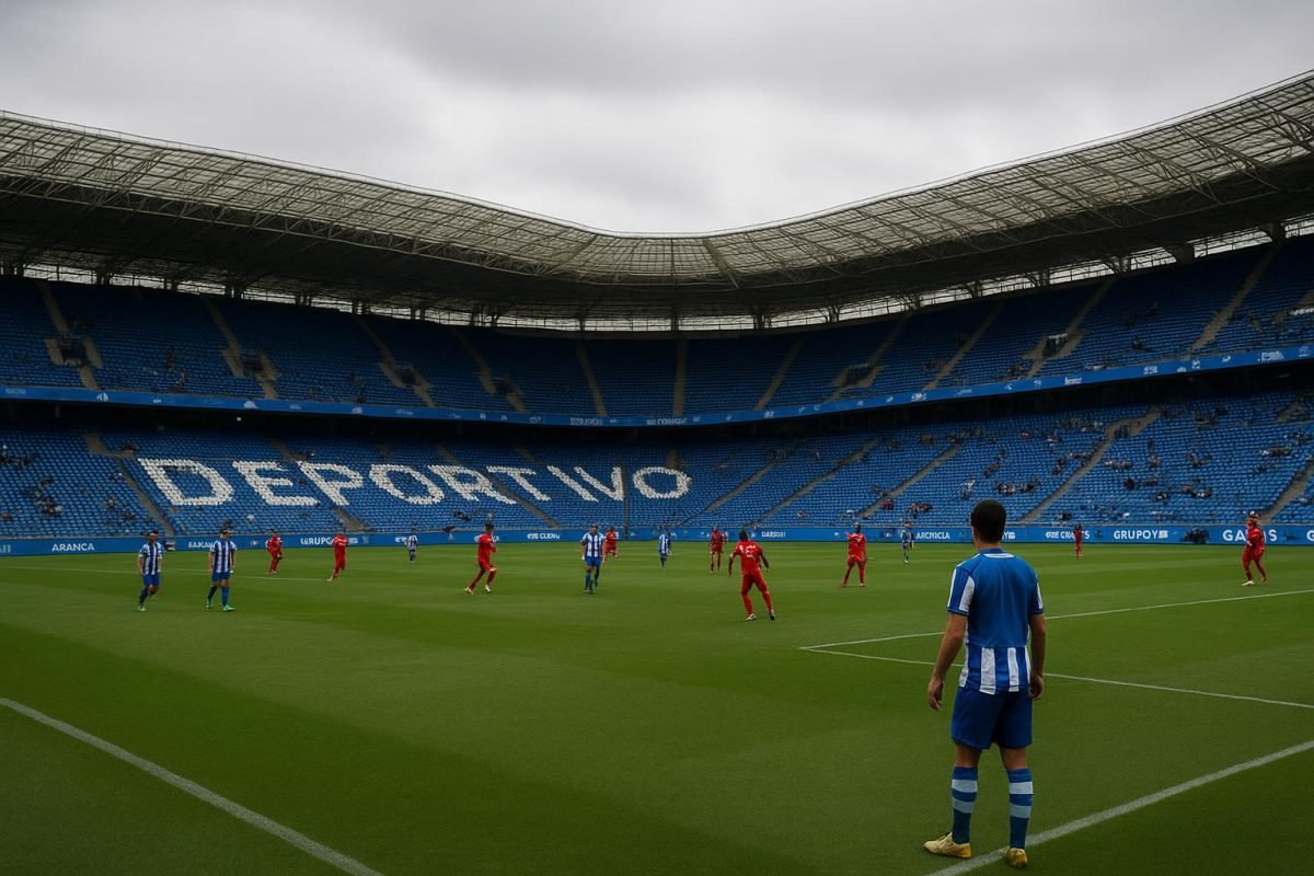 Stadionbeeld rond Deportivo La Coruña met spelers op de achtergrond