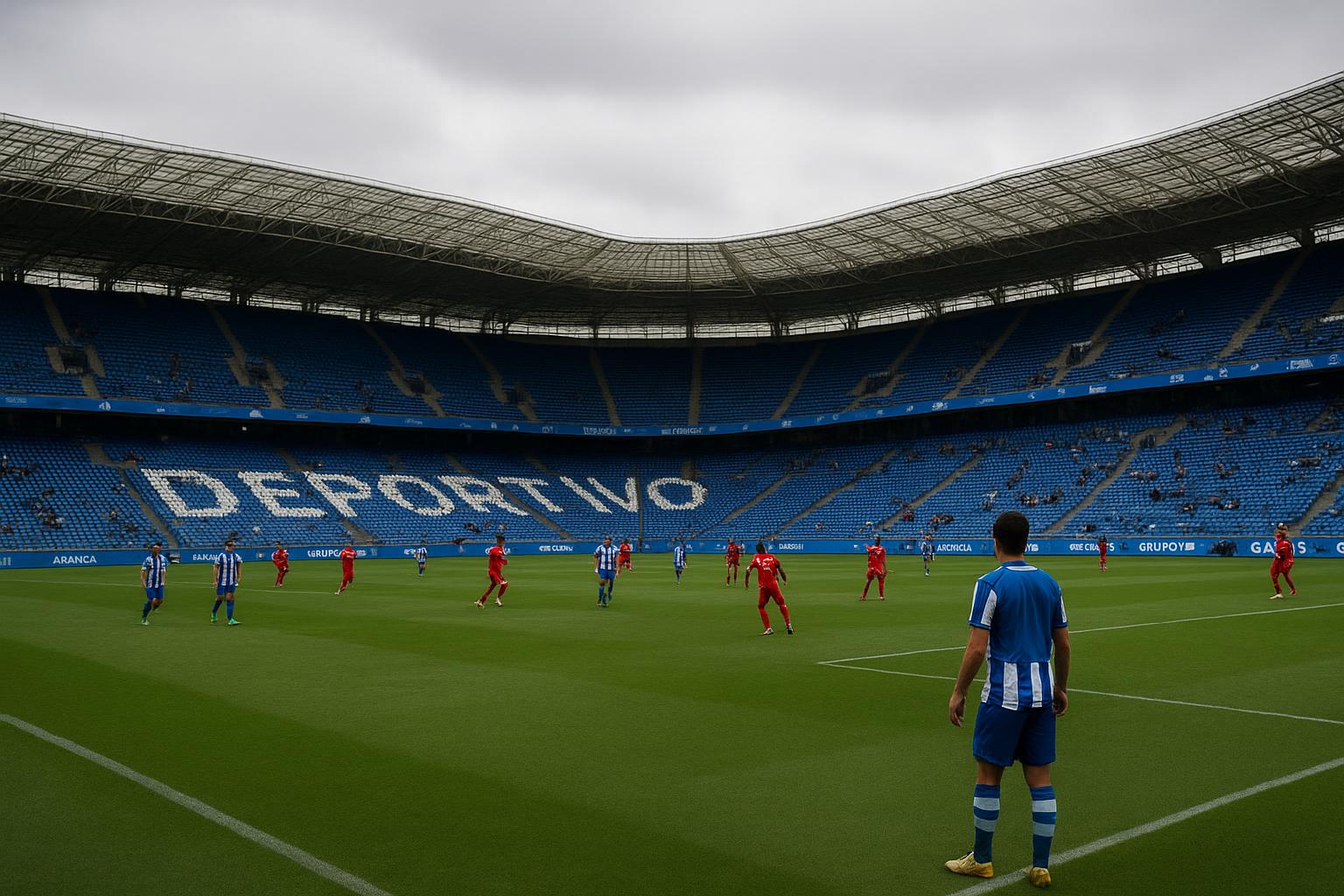 Stadionbeeld rond Deportivo La Coruña met spelers op de achtergrond