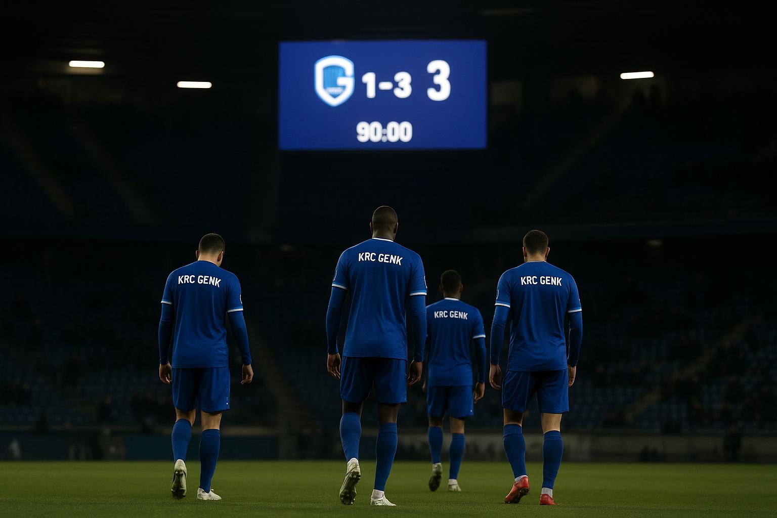 Spelers van KRC Genk in een Europees stadion na uitschakeling, met focus op sfeerbeeld zonder herkenbare gezichten.