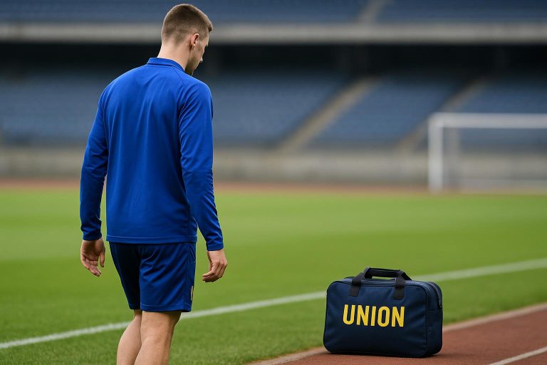 Promise David van Union Saint-Gilloise in een trainingscontext na een blessure, zonder herkenbare gezichten.
