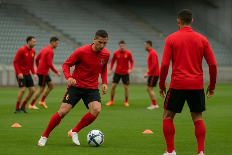 Spelers van de Rode Duivels op training tijdens de WK-voorbereiding, gezien vanop afstand