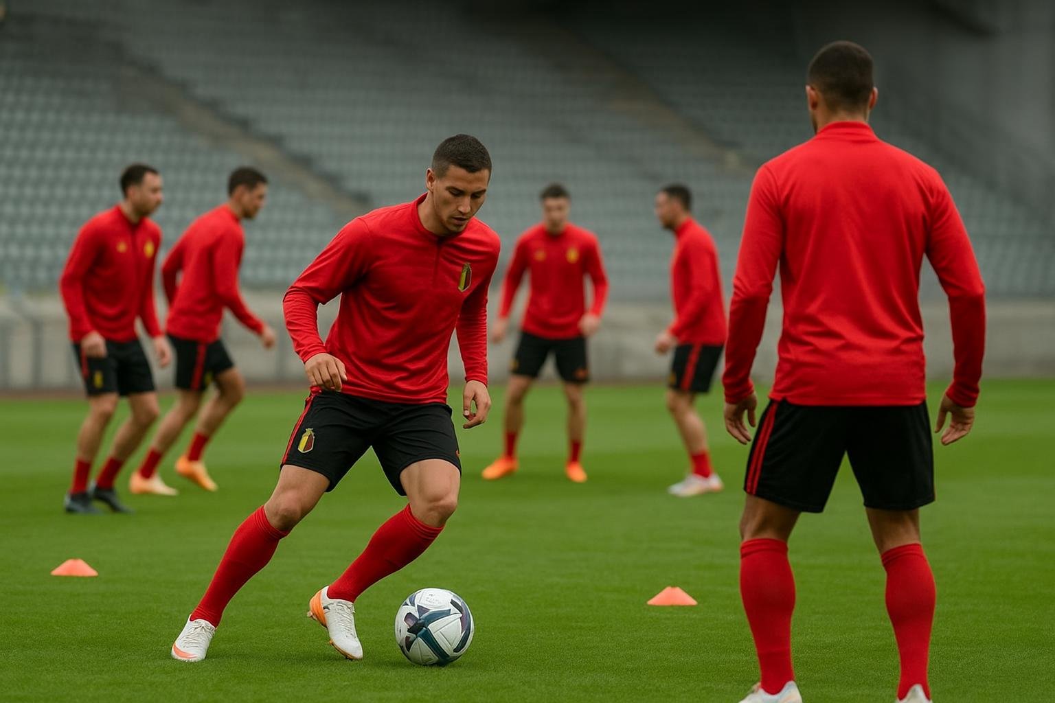 Spelers van de Rode Duivels op training tijdens de WK-voorbereiding, gezien vanop afstand
