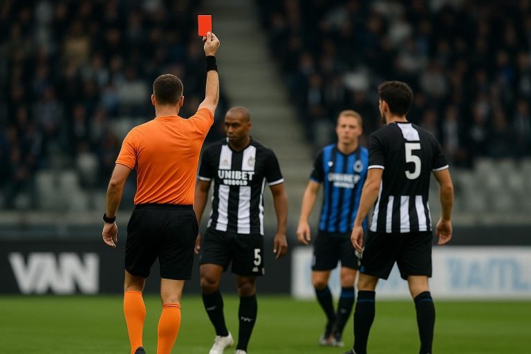 Wedstrijdmoment in Sporting Charleroi tegen Club Brugge na een beslissende rode kaart