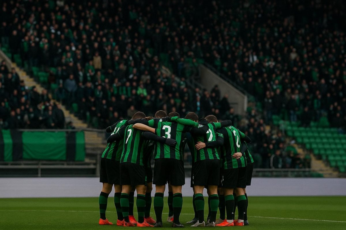 Spelers van Cercle Brugge vieren samen een doelpunt in het stadion