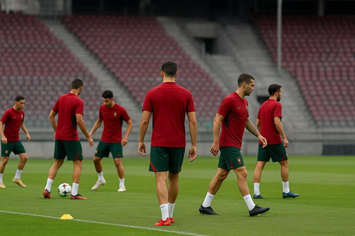 Spelers van Portugal tijdens een training op buitenlandse stage, in een stadionomgeving.