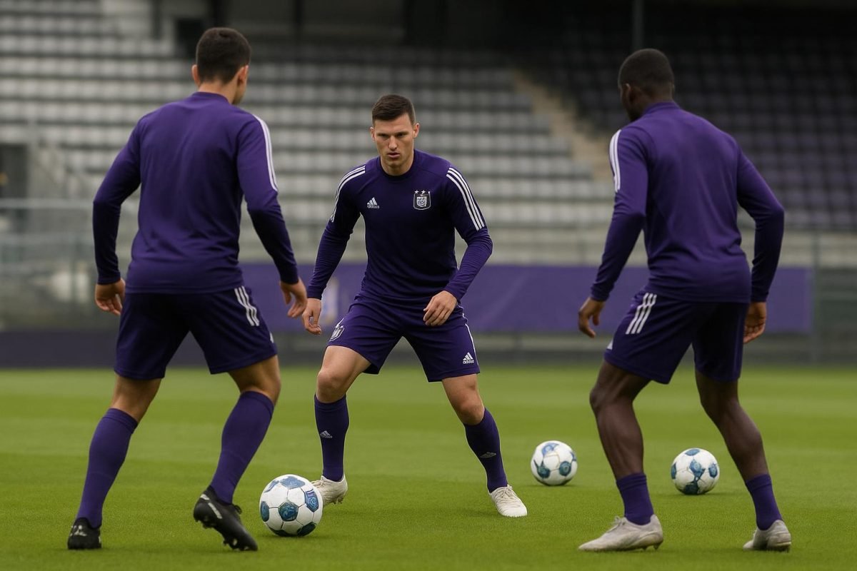 Training bij RSC Anderlecht met focus op middenveldbezetting richting duel met Cercle Brugge