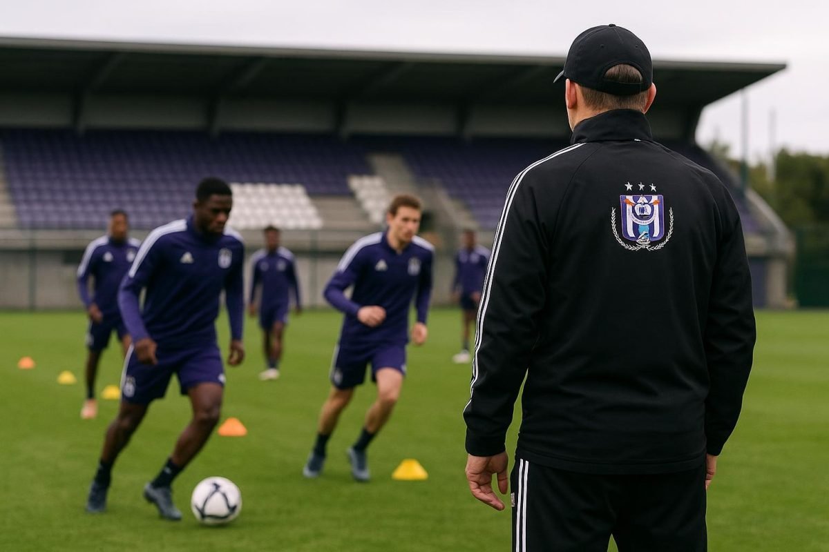 Trainingsmoment bij RSC Anderlecht met een coach die aanwijzingen geeft, zonder herkenbare gezichten.