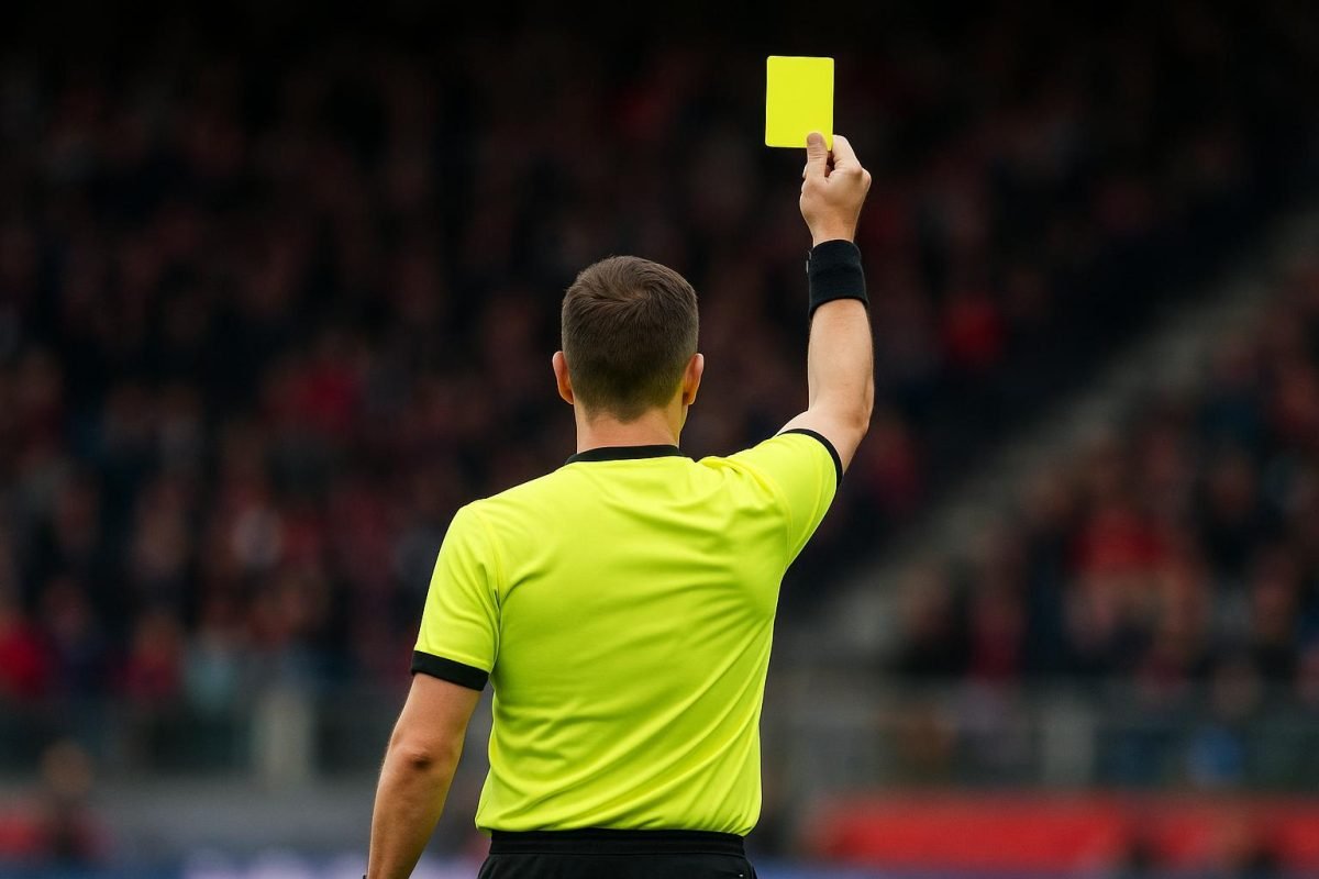 Scheidsrechter toont een gele kaart in een stadion van de Jupiler Pro League