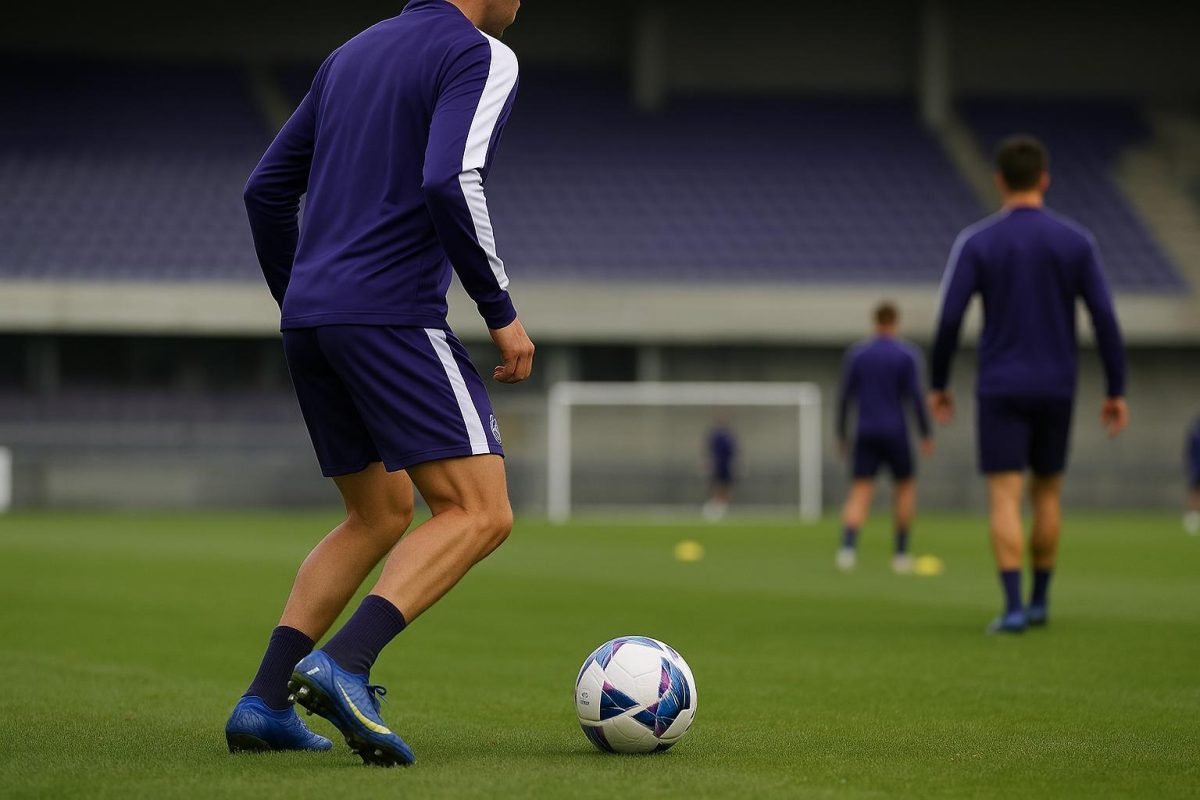 Speler van RSC Anderlecht op training, gezien van opzij, met focus op voorbereiding richting de match tegen Cercle Brugge.