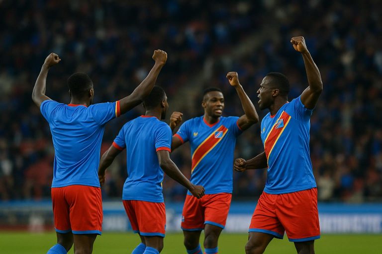 Spelers van DR Congo vieren hun WK-kwalificatie na de intercontinentale play-offfinale tegen Jamaica in Zapopan
