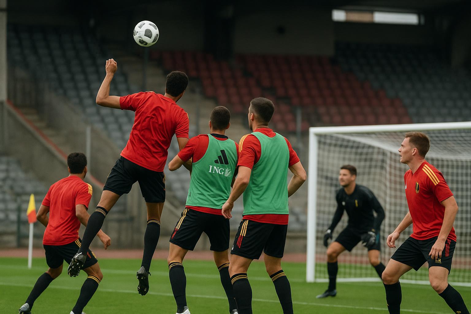 Spelers van de Rode Duivels verdedigen een corner tijdens een trainingsmoment