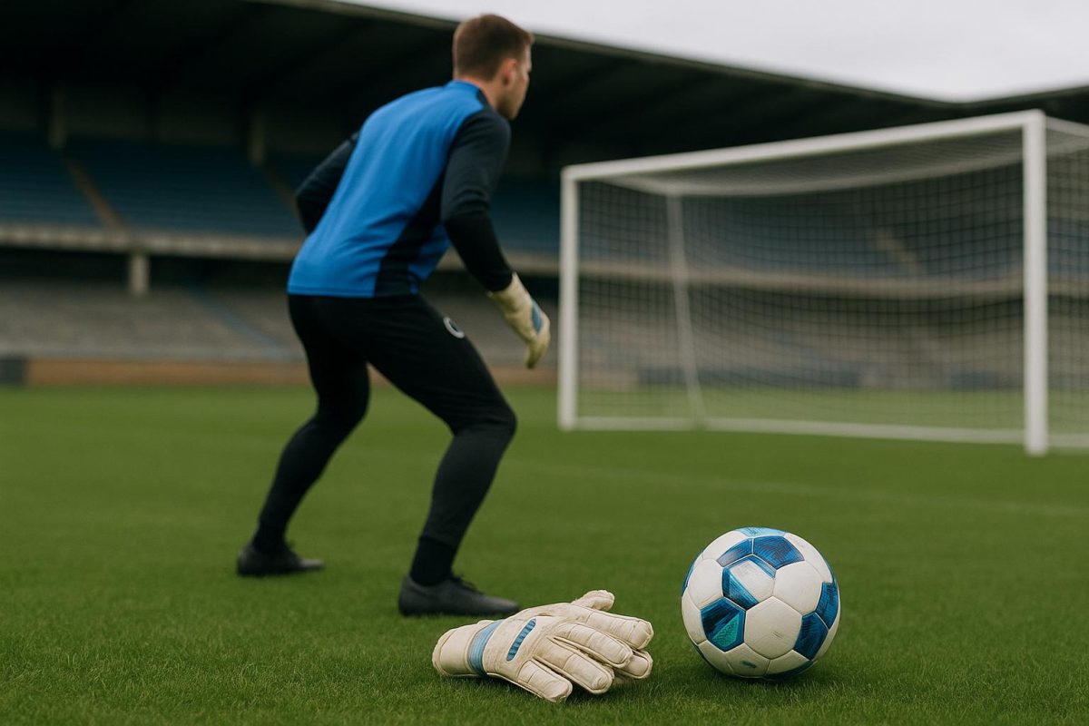 Doelmanstraining bij Club Brugge met handschoenen en bal aan het doel