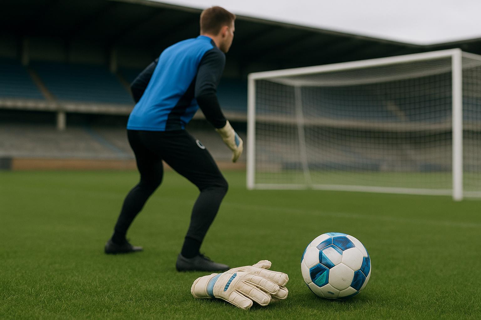Doelmanstraining bij Club Brugge met handschoenen en bal aan het doel