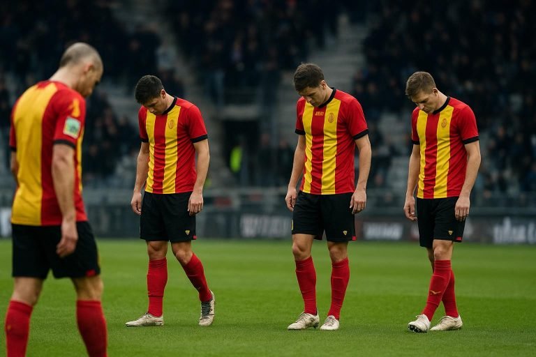 Spelers van KV Mechelen druipen teleurgesteld af na een match in de Champions' Play-offs