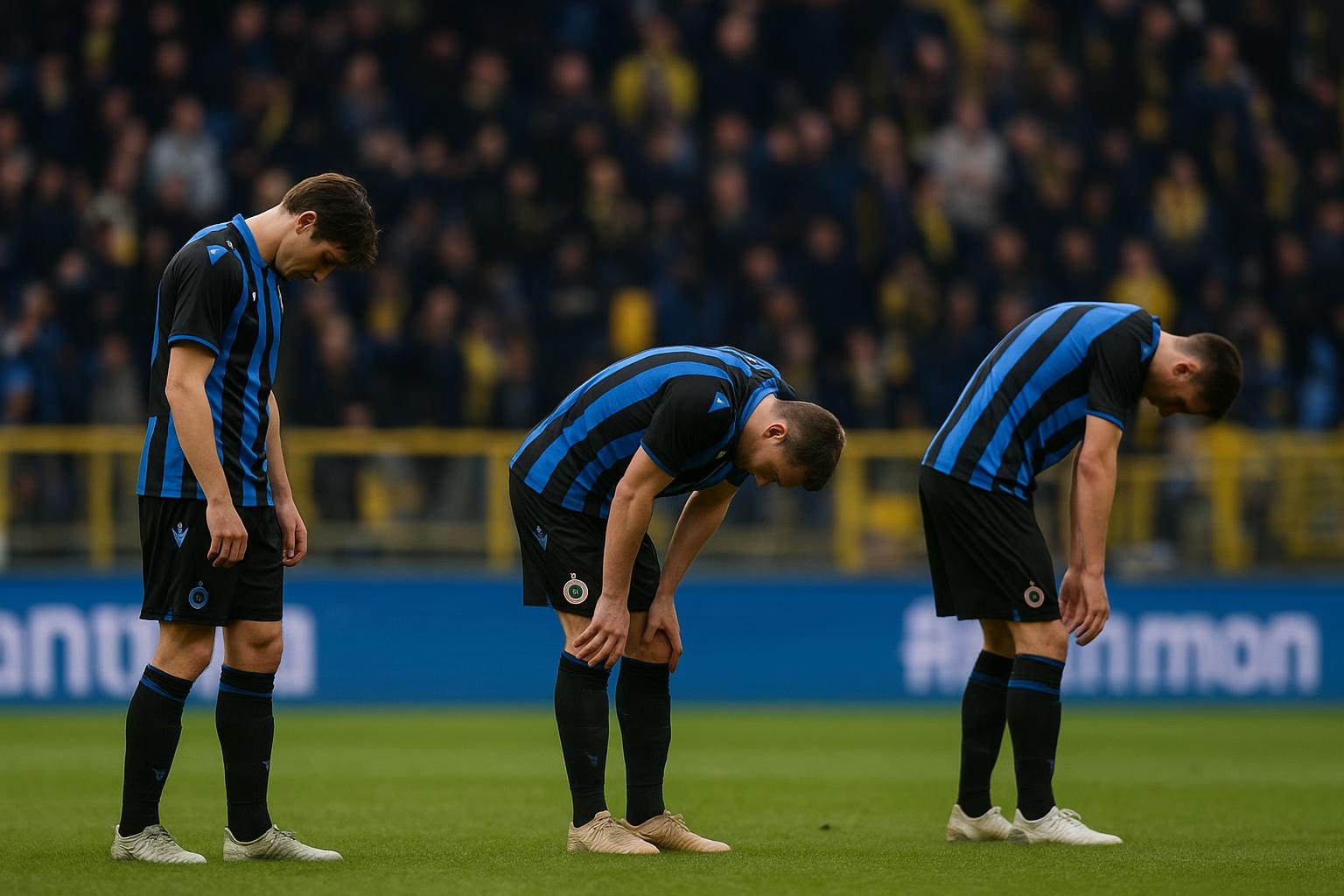 Teleurgestelde spelers van Club Brugge na de 2-1 nederlaag bij Union SG in het Dudenpark